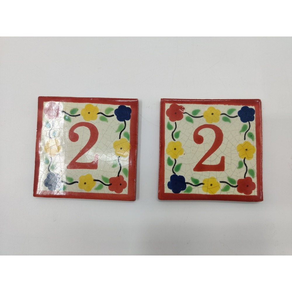 Set of 2 Floral Hand Painted Ceramic House Number 2 Tiles 4x4 Crackle Glaze